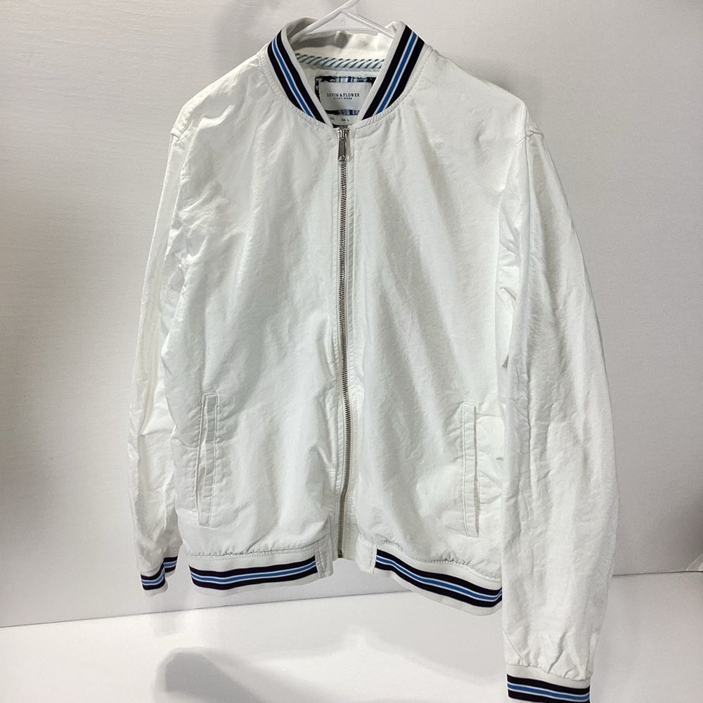 Denim & Flower White Bomber Jacket with Navy Stripes Ricky Singr Tennis L